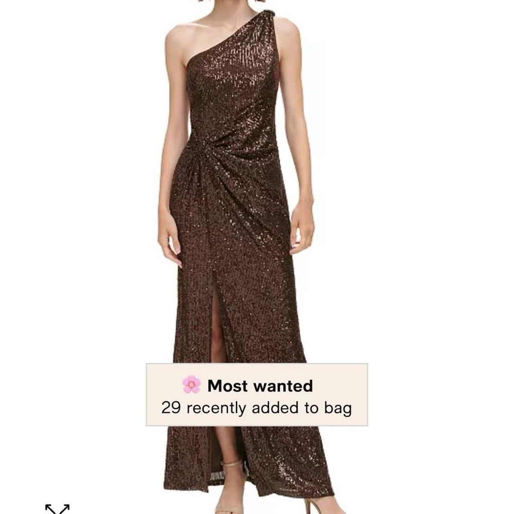 Eliza J sequined one-shoulder side twist gown.